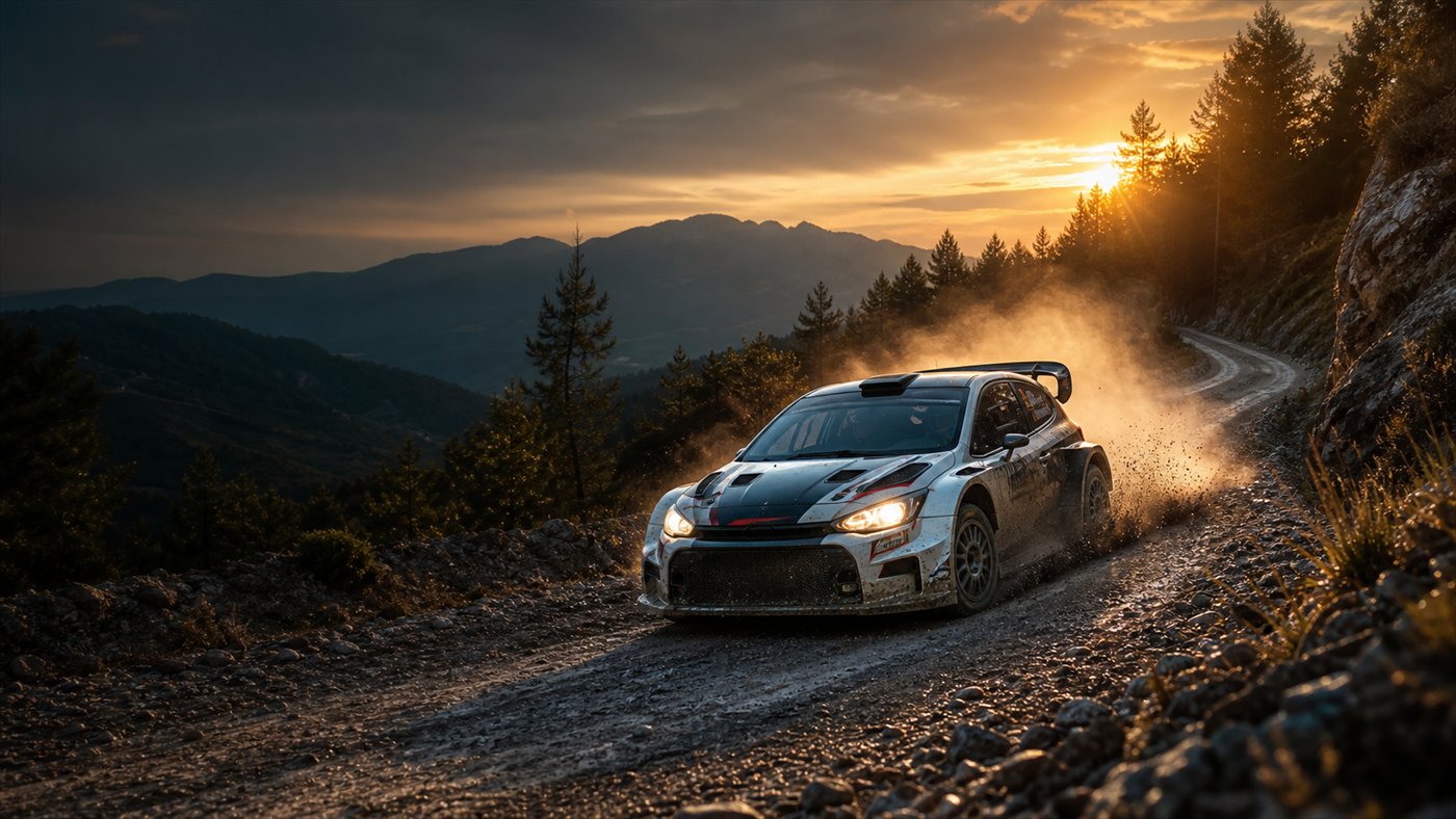 Voiture de rally sur une spéciale de montagne